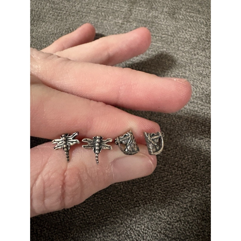 Sterling Silver 925‎ 3D TINY Dragonfly And Horse Studs Earrings